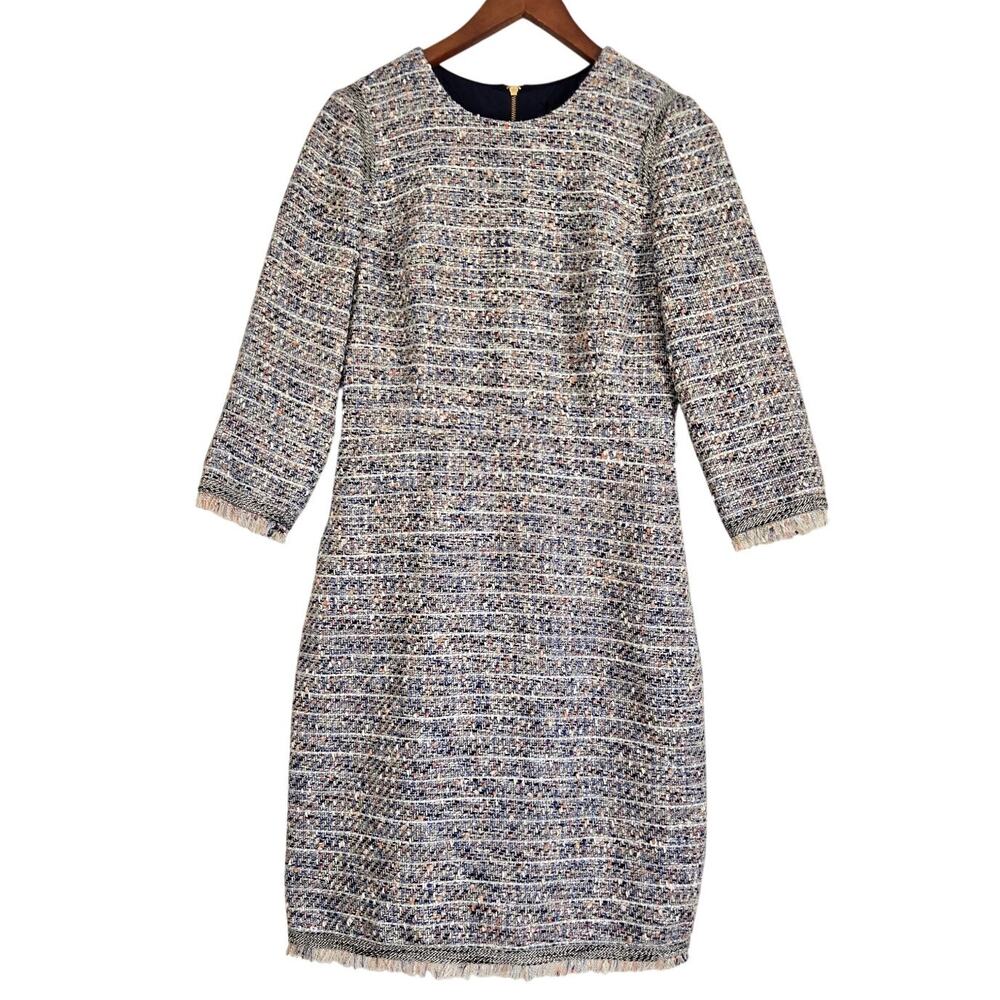 J. Crew Textured Tweed Frayed Trim 3/4 Sleeve Sheath Dress Preppy Classic Size 6